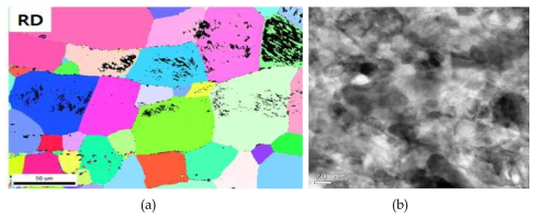 (a) 결정립 미세화 처리전 1mm급 NiTi합금 튜브의 EBSD분석결과 (b) 결정립 미세화 처리후 NiTi합금의 TEM분석결과