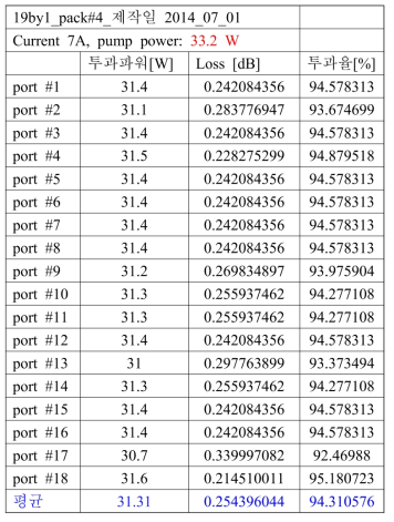 19 by 1 결합기의 펌프광 투과 파워 및 손실