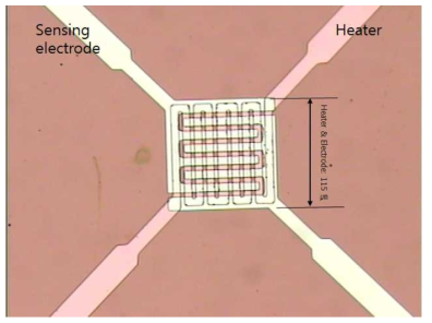 제작된 마이크로 플랫폼 (모델명: S2400M1094H115)의 멤브레인 가운데 위치하고 있는 마이크로 히터와 감지전극이 있는 영역