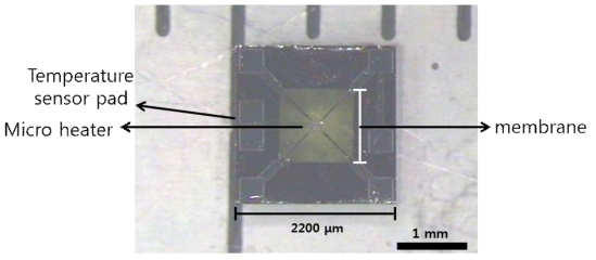 히터 주변에 인접하여 온도센서를 형성하여 설계 제작된 모델 S2200M894H115T 마이크로 플랫폼 칩 전체 형상 광학 현미경 사진