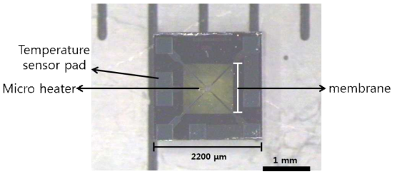 히터 가운데에 온도센서를 형성하여 설계 제작된 모델 S2200M894H115AT 마이크로 플랫폼 칩 전체 형상 광학 현미경 사진