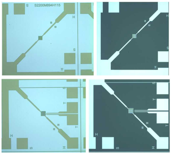 5차년도 S2200M894H115 모델 3개와 온도센서가 내장된 S2200M894H115-T 모델 1개로 형성된 2 by 2 어레이에서 photoresist (PR) 패터닝된 히터 소자 사진 (위의 좌)과 reactive ion etching (RIE)된 후의 히터 사진 (위의 우), 그리고, 온도센서가 내장된 히터 소자 사진 (아래의 좌)와 reactive ion etching (RIE)된 후의 사진 (아래의 우)