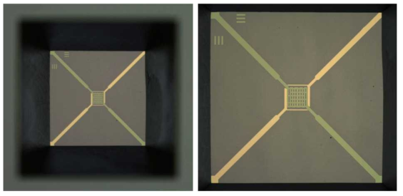 단일센서의 배면 (backside) KOH 식각 공정 후의 전체 사진(좌측)과 확대사진(우측)