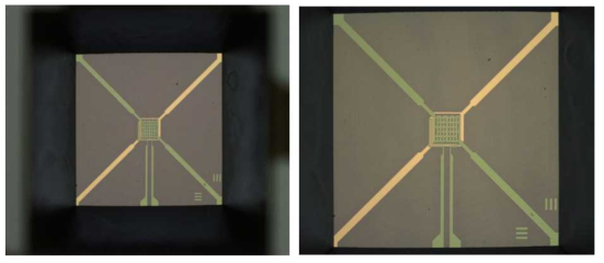온도센서가 내장된 단일센서의 배면 (backside) KOH 식각 공정 후의 전체 사진(좌측)과 확대사진(우측)
