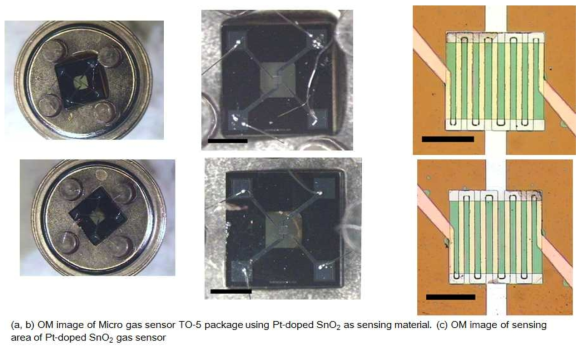 완성된 Undoped SnO2 S2828M1202H191-KS1 소자와 Pt-doped SnO2 S2828M1202H191-KS1 소자의 membrane, micro heater, 감지막과 전극 사진