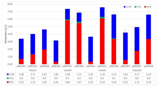 E. coli AB2834 ΔptsG ΔtyrR ΔpykA (AB2834 Inha52) 균주와 과발현 균주 들의 뮤콘산 HPLC 분석 결과.