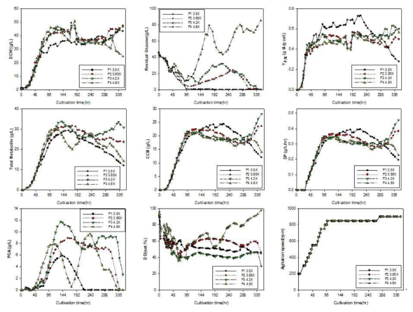 30℃, 3.5배, 3.85배, 4.2배, 4.9배 농축배지를 공급해준 연속배양의 종합 결과