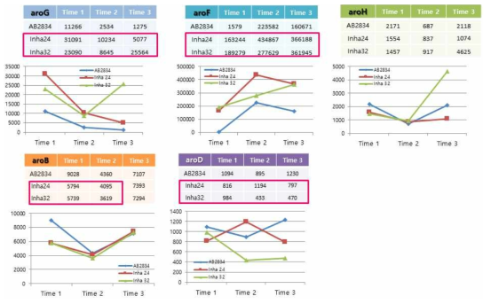 Aromatic amino acid 생합성 경로(top)와 RNA-sequencing 결과 해당 유전자들의 발현량을 나타낸 표