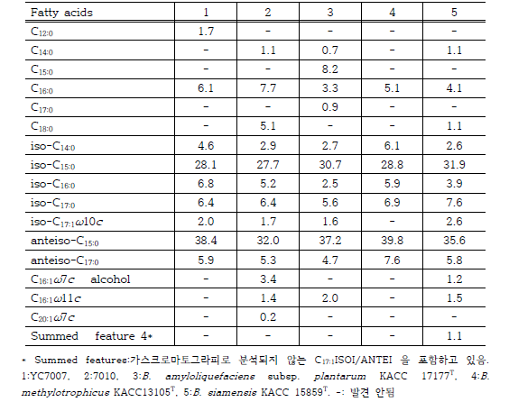 YC7007과 근연종간의 지방산 비교 분석 결과