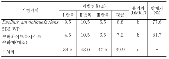 B. amyloliquefaciens 5B6 수화제의 고추 세균점무늬병에 대한 약효시험 결과