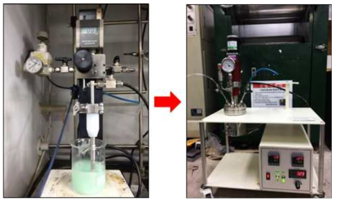 단계별 실험 모습. SPG를 이용하여 유화 후 가압반응기에서 중합하는 모습
