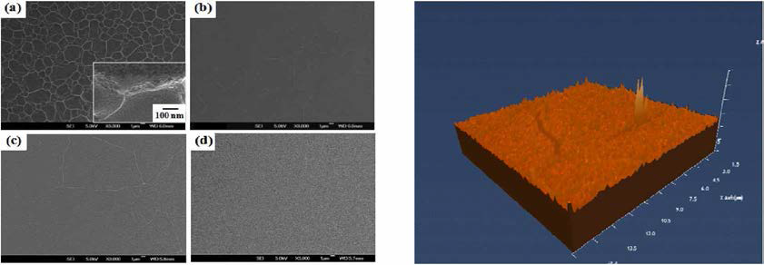 SEM images ((a) as-spun, (b) heat-treated at 400°C, annealed at (c) 500°C, and (d)800°C) and AFM surface morphology of the nickel manganite films annealed at 500°C.