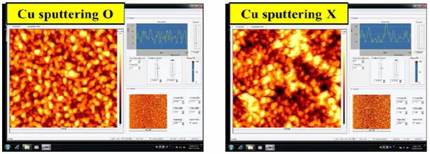 Cu sputtering 처 리 한 박막과 처리 안 한 박막의 AFM 사진