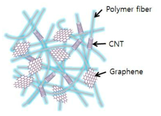 고분자에 CNT와 graphene이 혼재되어 있는 모식도