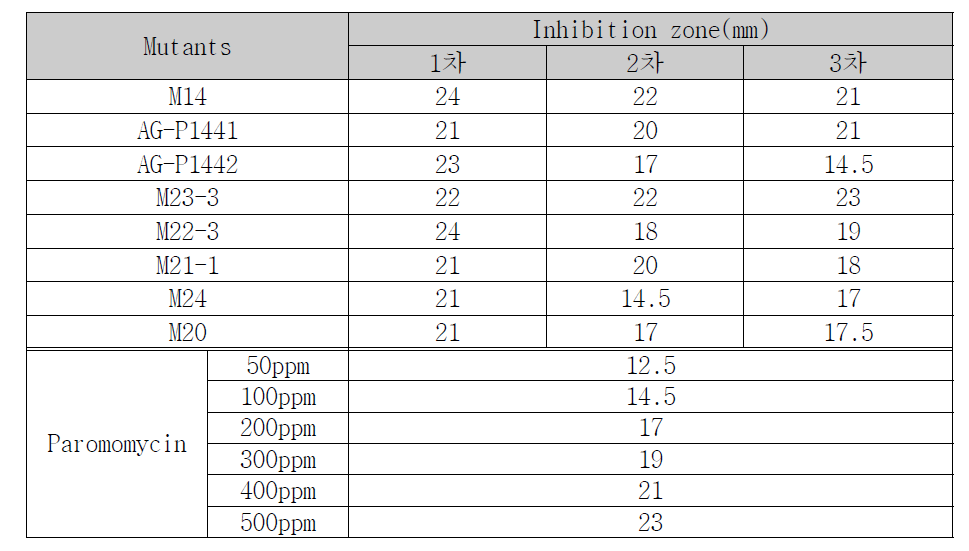 선발된 변이주의 Bacillus subtillis 에 대한 항균활성