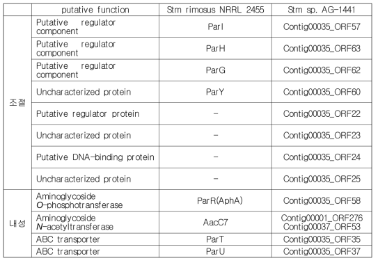 탐색된 Paromomycin 생합성과 관련된 조절유전자 및 내성 유전자