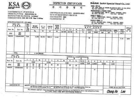 Inspection certificate