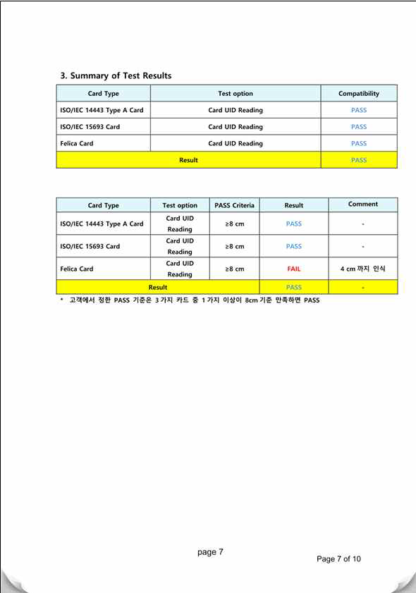 NFC 표준 TEST 결과