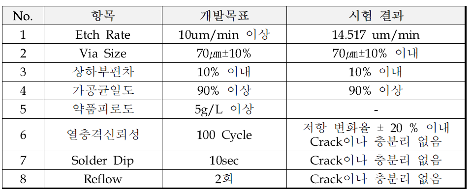 정량적 목표 항목 시험평가 결과표