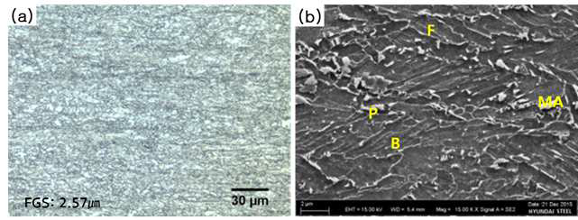 시험생산재 미세조직: (a) 광학현미경 이미지, 500배, (b) 주사전자현미경 이미지, 15,000배
