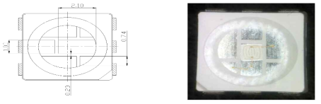 (왼) 고온 플라스틱 SMD 패키지와 (오) 고온 플라스틱 SMD 패키지를 이용한 LED 패키지 모듈