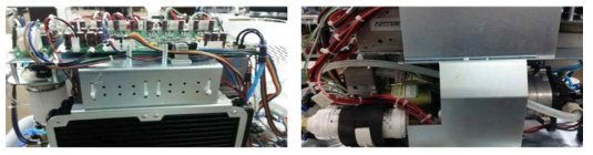 (왼)냉각시스템의 조립된 모습, (오) 워터펌프및 DI 필터 와 SMPS 가 조립된 모습