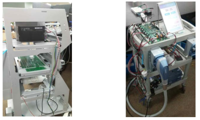 (왼) 조립중인 수냉식 방열시스템, (오) 수냉식 방열시스템의 냉각테스트 진행 사진