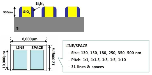 Loading effect 및 selectivity 평가를 위한 line/space pattern구조.