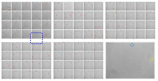 Ge 조성 10.6% 의 샘플을 광학현미경으로 100장의 데이터를 분석(a), (b),(c), (d), (e), 14번 데이터에서 1개의 Pit을 확인하여 EPD 1x102/cm2 의 농도를 확인