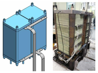 80셀 스택 2기 집전연결 설계안(좌) 및 하이브리드 시스템 실장(우)