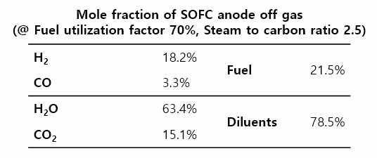 전형적인 SOFC 애노드 오프가스의 조성