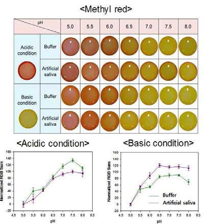 pH에 따른 Methyl red 지시약의 색 변화와 RGB값.