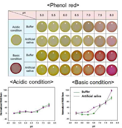 pH에 따른 Phenol red 지시약의 색 변화와 RGB값.