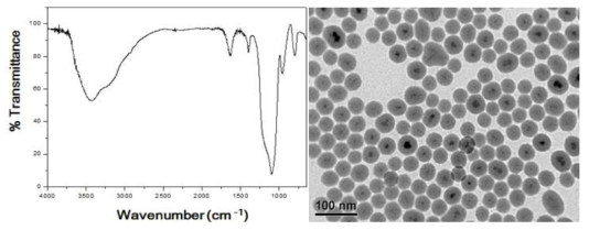 실리카 코팅된 자성나노입자의 FT-IR 및 TEM 이미지