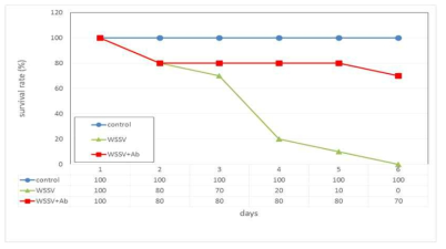 단일도메인항체의 WSSV 중화실험 결과 새우의 생존율