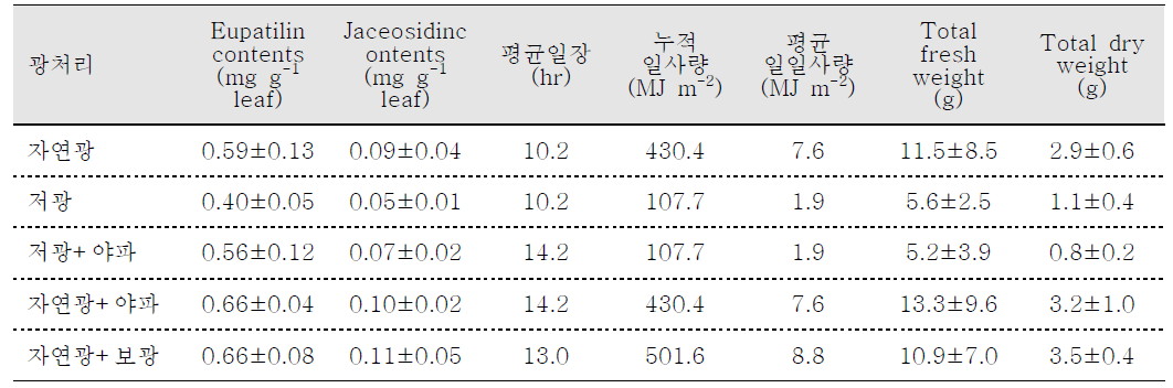 애엽의 광환경 처리조건 및 그에 따른 생장과 성분특성