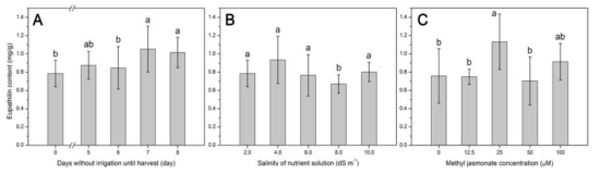 관수중단(A), 양액EC(B), 메틸자스모네이트 농도(C)에 따른 유파틸린 함량