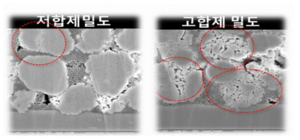 합제 밀도에 따른 극판 활물질의 상태 변화 현상