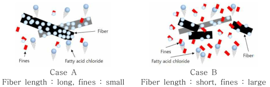 분급 크기에 따른 셀룰로오스 섬유의 그라프트 처리에 따른 기상의 염화지방산의 반응 모식도