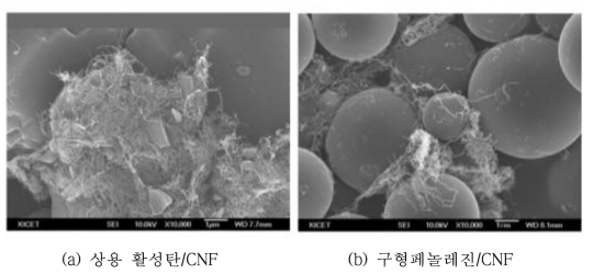 KOH활성화법으로 제조된 활성탄/CNF (10 wt.%) 복합소재의 FE-SEM 결과