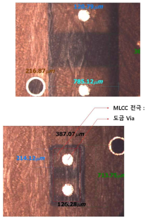 내장된 D/C 전극 패드위에 Via 연결 사진