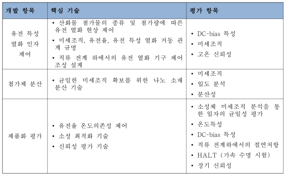 개발 항목별 핵심 기술과 평가 항목