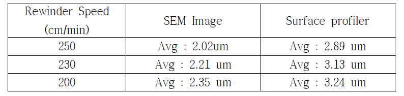 SEM 및 Surface profiler 측정 결과