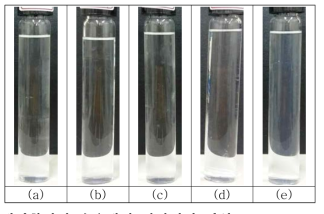 5 wt% 계면활성제 수용액의 상안정성 관찰; (a) MCT,(b)DL,(c)SL,(d)LSA(B) (e)GP-10