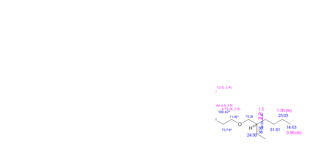 ethylene oxide가 1개 들어간 글루코스 첨가물 (2-Ethylhexanol-EO1-glucose)의 NMR 화학적 이동값