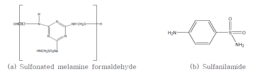 첨가제로 사용된 sulfonated melamine formaldehyde (SMF)와 sulfanilamide (S.A)구조