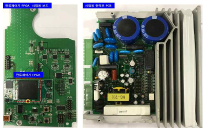 전류제어기 SoC FPGA를 탑재한 인터페이스 보드(左)와 모터 구동시험을 위한 전력부 PCB(右)