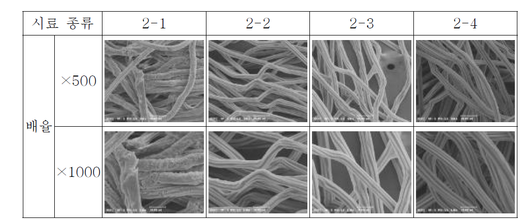 2차 테스트 생산한 시료들의 SEM 사진