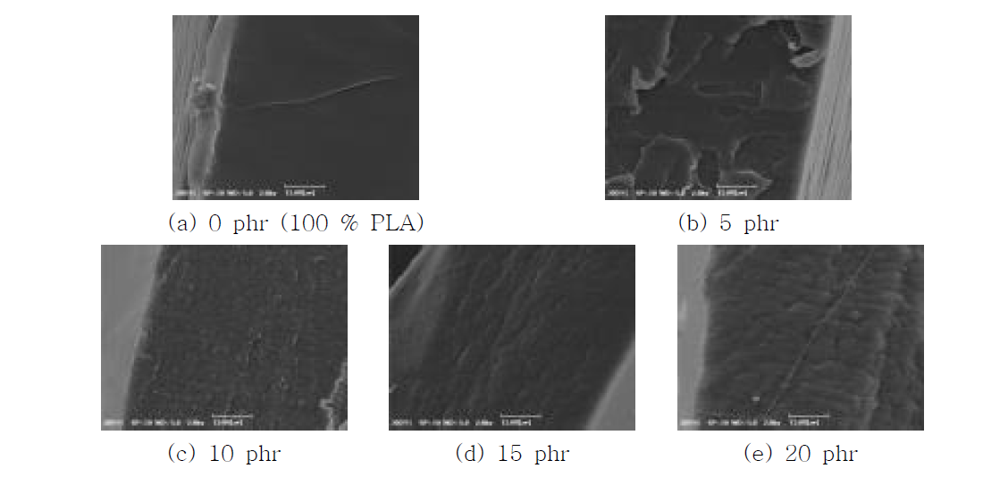 PC 첨가량이 다른 PLA/PC 필름들의 파단 면 SEM 사진