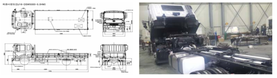 다목적 제설차량 차대 도면(좌) 및 제작과정(우)